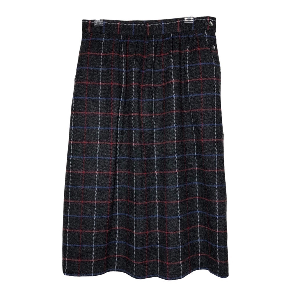 VINTAGE - PANTHER Wool Blend Gray, Blue & Red Plaid Midi Skirt Pockets - Size 14